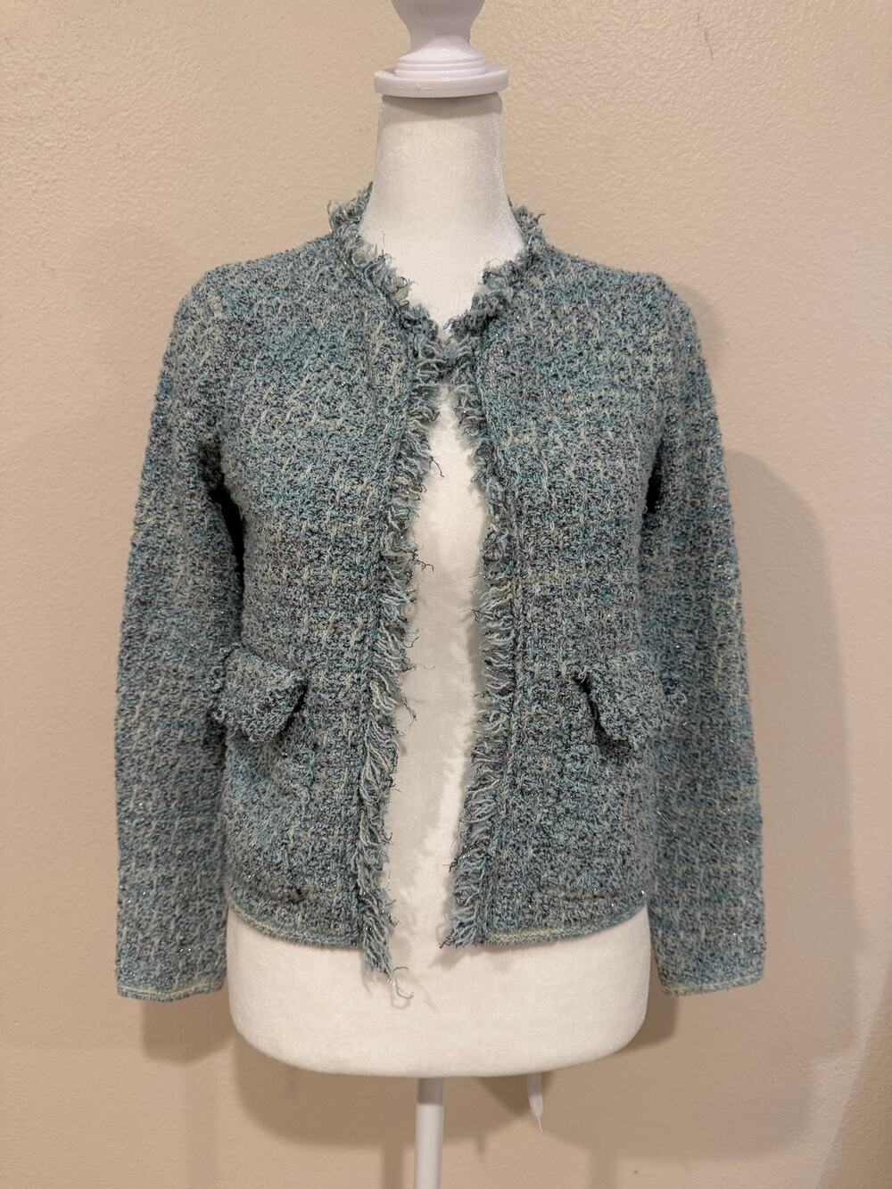 MNG Blue Tweed Fringe Jacket Cardigan